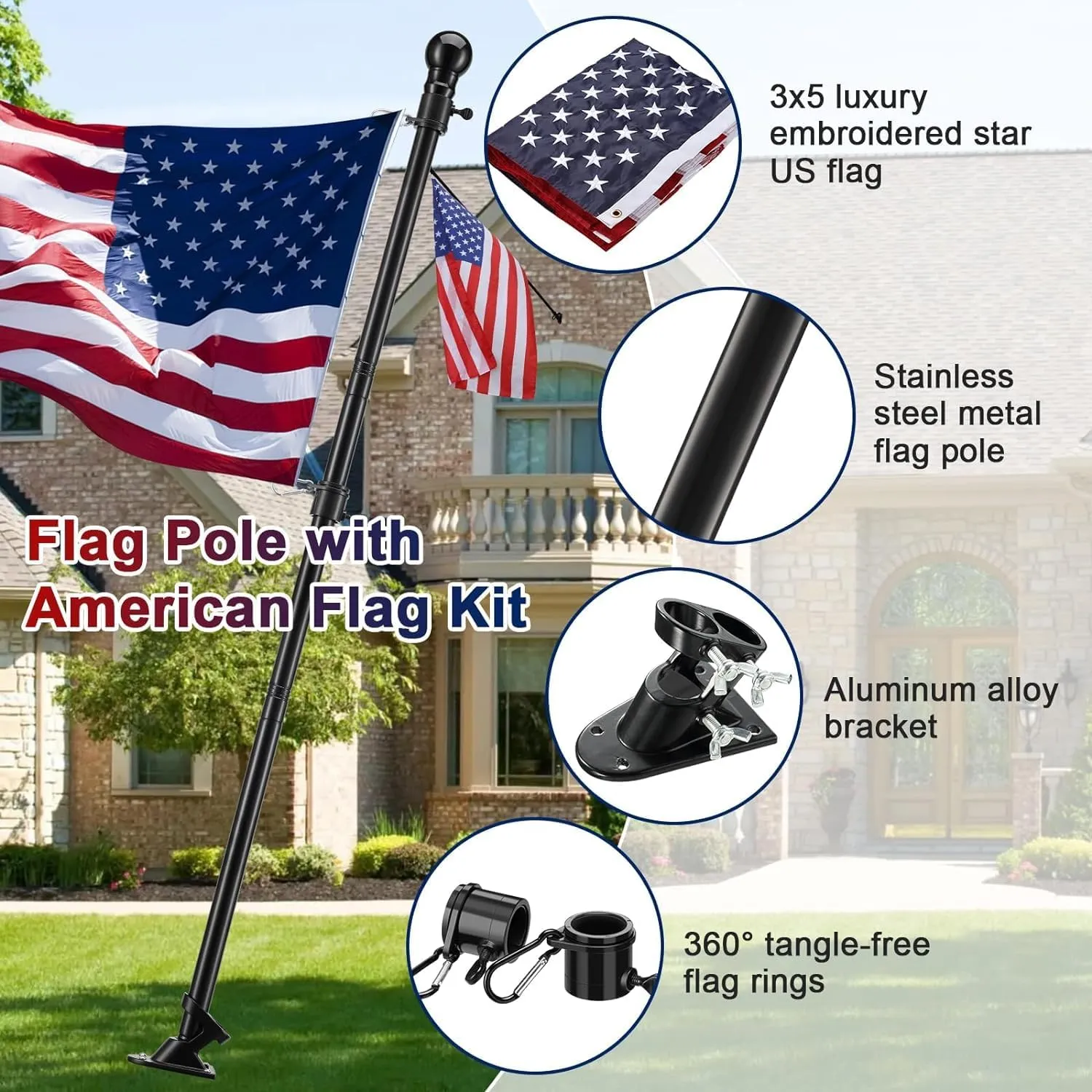 Barcetine Flag Pole Kit with 3x5 US Flag - Includes 5ft Heavy Duty Tangle Free Flagpole,Weather Resistant 3x5 Embroidered American Flag,Aluminum Holder Bracket,for Outside House,Porch,Outdoor