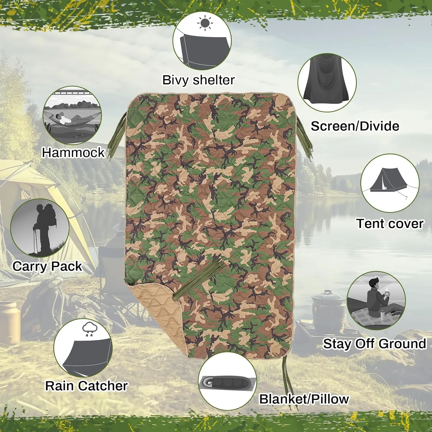 Barydat 2 Pack Woobie Military Poncho Liner 80 x 60 Inch Woobie Blanket Waterproof Thermal Poncho Liner with Bag Camo for Outdoor Camping Hunting Hiking (Woodland)