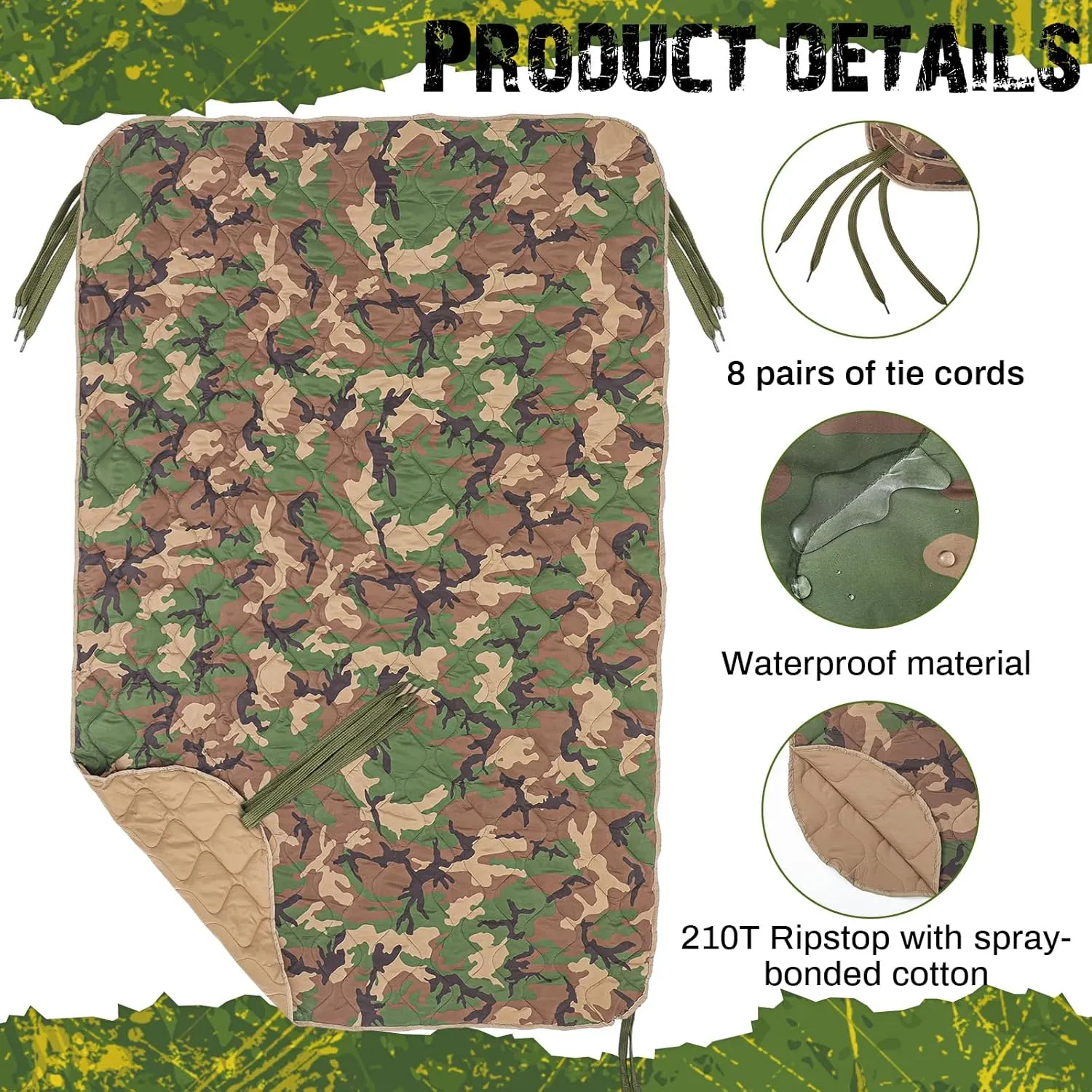 Barydat 2 Pack Woobie Military Poncho Liner 80 x 60 Inch Woobie Blanket Waterproof Thermal Poncho Liner with Bag Camo for Outdoor Camping Hunting Hiking (Woodland)