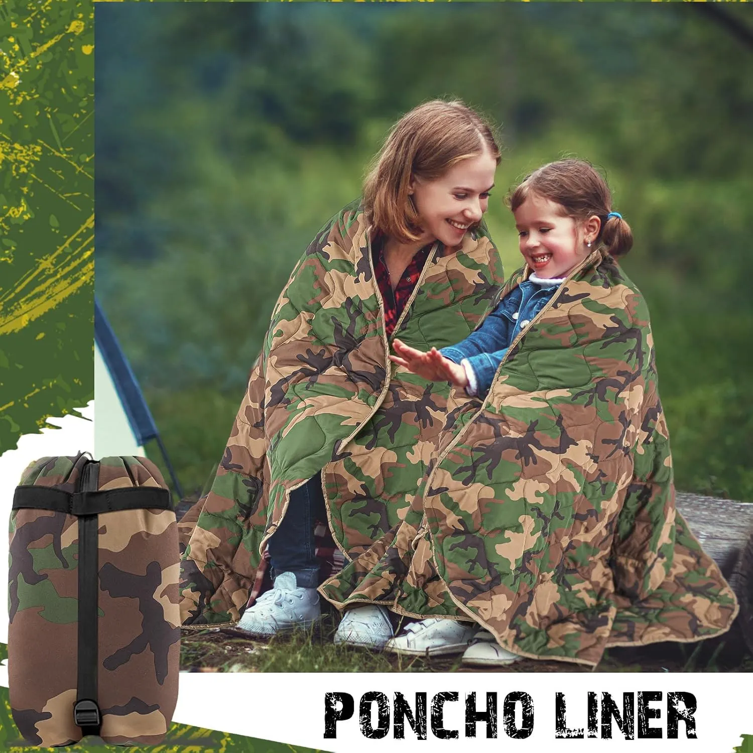 Barydat 2 Pack Woobie Military Poncho Liner 80 x 60 Inch Woobie Blanket Waterproof Thermal Poncho Liner with Bag Camo for Outdoor Camping Hunting Hiking (Woodland)