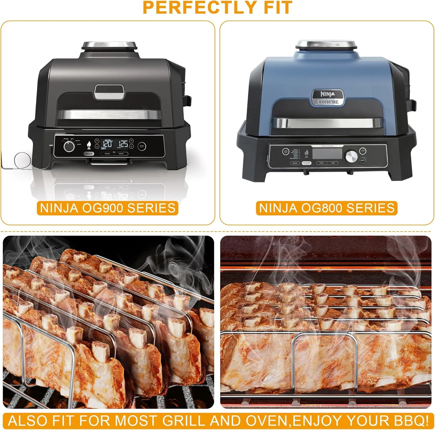 BBQ-PLUS Stainless Steel 304 Rib Rack for Ninja XSKRACKXL Woodfire OG800 and OG900 Series,Heavy Duty BBQ Smoke Rack for Grill and Oven Rib Holder Accessories