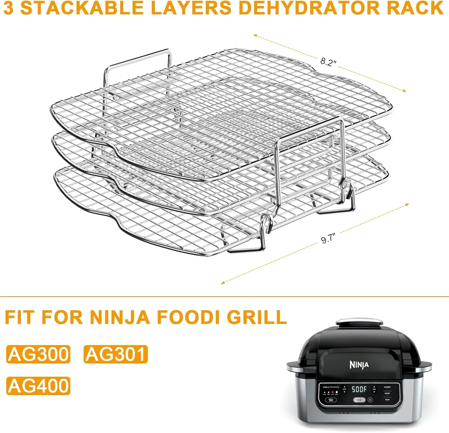 BBQ-PLUS Upgraded Dehydrator Rack Stainless Steel Air Fryer Stand for Ninja Foodi AG300, AG300C, AG301, AG301C, AG302, AG400, IG301A Ninja Foodie Grill Accessories Roasting Rack for Oven and Grill