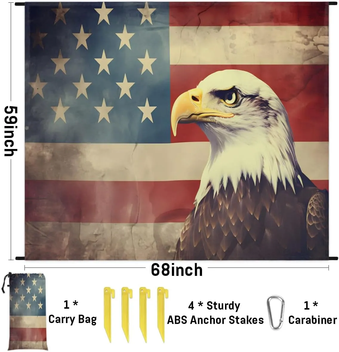 Beach Blanket, 4th of July Sandproof Beach Mat, Waterproof Quick Drying Sand Free Mat with 4 x Ground Spikes for Outdoor Travel Camping Hiking, American Eagles 68 x 59 in