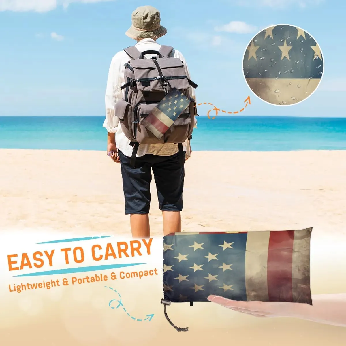 Beach Blanket, 4th of July Sandproof Beach Mat, Waterproof Quick Drying Sand Free Mat with 4 x Ground Spikes for Outdoor Travel Camping Hiking, American Eagles 68 x 59 in