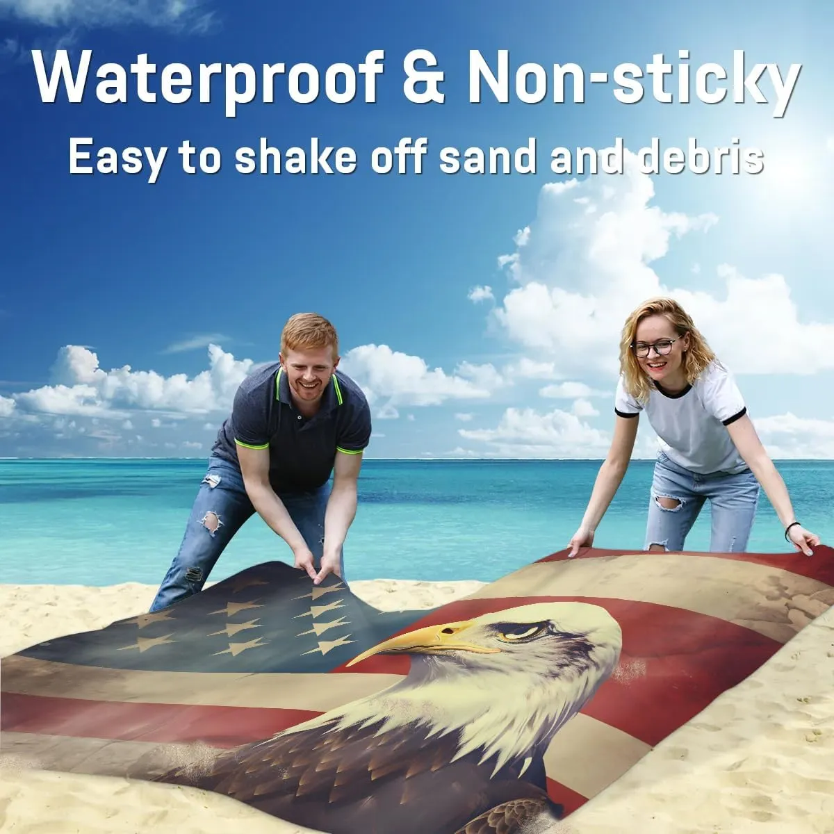 Beach Blanket, 4th of July Sandproof Beach Mat, Waterproof Quick Drying Sand Free Mat with 4 x Ground Spikes for Outdoor Travel Camping Hiking, American Eagles 68 x 59 in