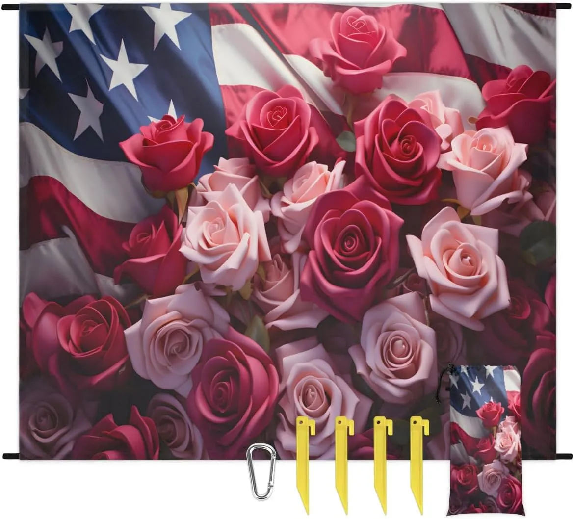 Beach Blanket, 4th of July Sandproof Beach Mat, Waterproof Quick Drying Sand Free Mat with 4 x Ground Spikes for Outdoor Travel Camping Hiking, American Flag Rose Flower 68 x 59 in