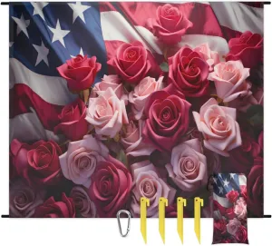 Beach Blanket, 4th of July Sandproof Beach Mat, Waterproof Quick Drying Sand Free Mat with 4 x Ground Spikes for Outdoor Travel Camping Hiking, American Flag Rose Flower 68 x 59 in