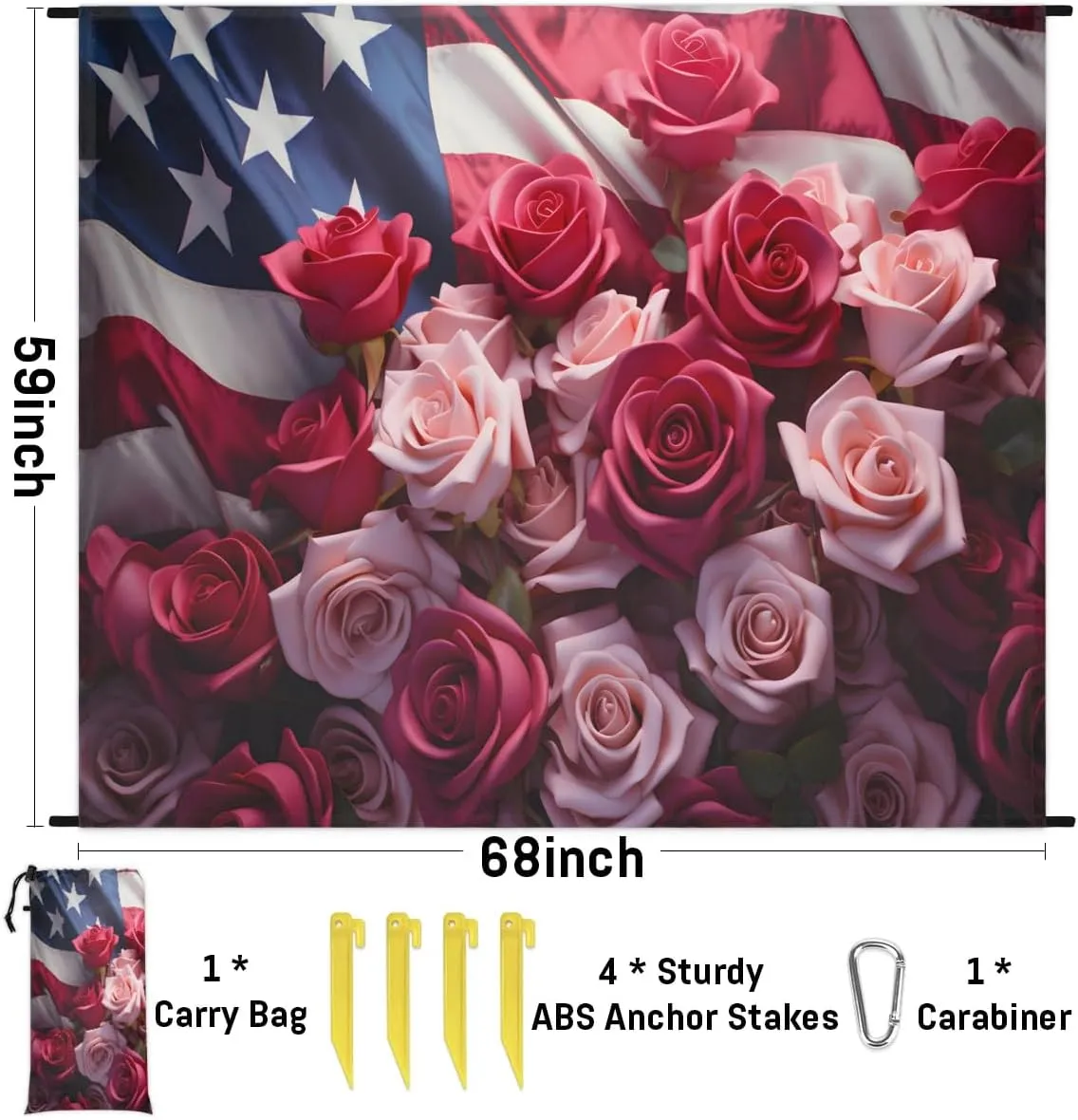 Beach Blanket, 4th of July Sandproof Beach Mat, Waterproof Quick Drying Sand Free Mat with 4 x Ground Spikes for Outdoor Travel Camping Hiking, American Flag Rose Flower 68 x 59 in