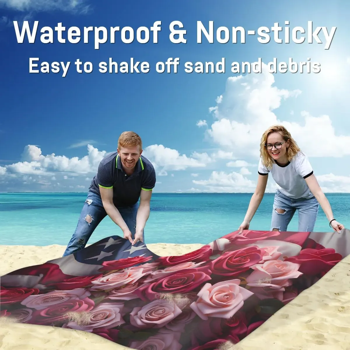 Beach Blanket, 4th of July Sandproof Beach Mat, Waterproof Quick Drying Sand Free Mat with 4 x Ground Spikes for Outdoor Travel Camping Hiking, American Flag Rose Flower 68 x 59 in