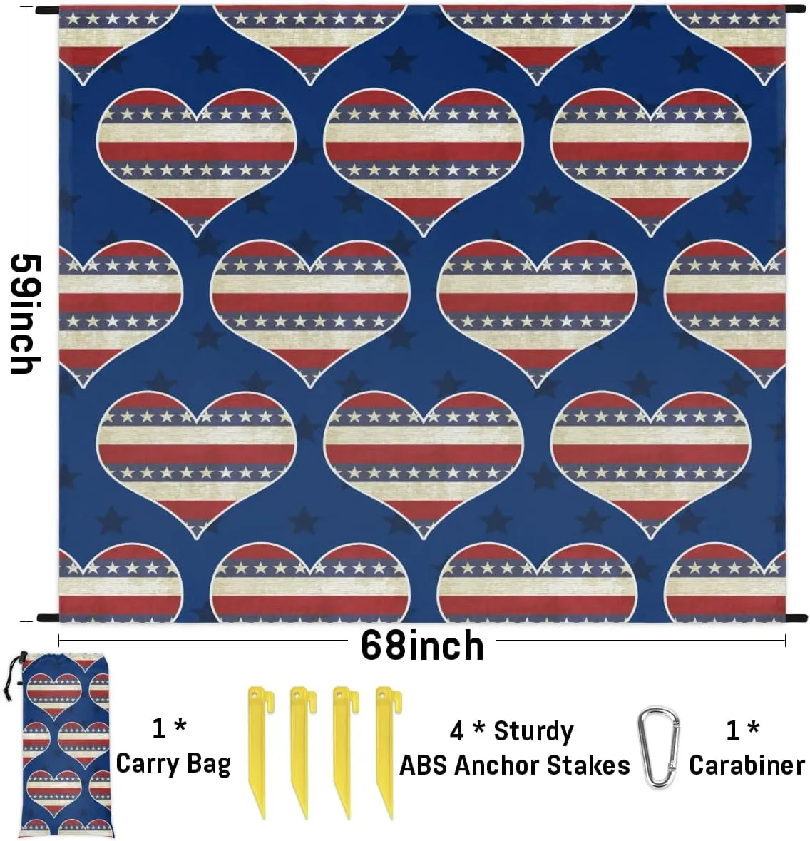 Beach Blanket, 4th of July Sandproof Beach Mat, Waterproof Quick Drying Sand Free Mat with 4 x Ground Spikes for Outdoor Travel Camping Hiking, Heart American Flag 68 x 59 in