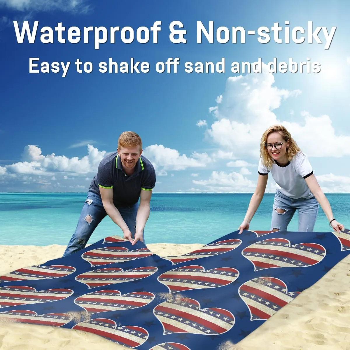 Beach Blanket, 4th of July Sandproof Beach Mat, Waterproof Quick Drying Sand Free Mat with 4 x Ground Spikes for Outdoor Travel Camping Hiking, Heart American Flag 68 x 59 in