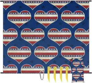 Beach Blanket, 4th of July Sandproof Beach Mat, Waterproof Quick Drying Sand Free Mat with 4 x Ground Spikes for Outdoor Travel Camping Hiking, Heart American Flag 68 x 59 in