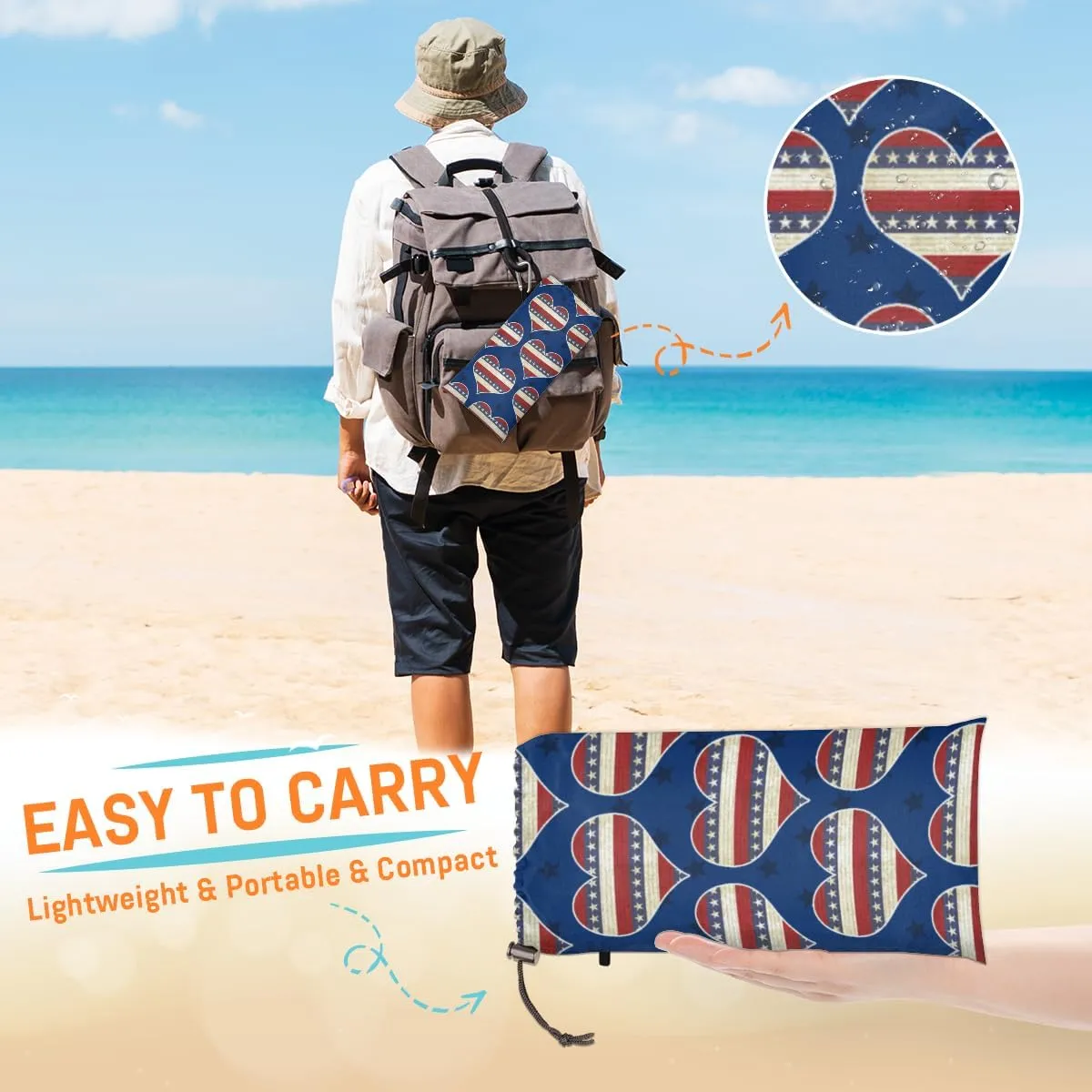 Beach Blanket, 4th of July Sandproof Beach Mat, Waterproof Quick Drying Sand Free Mat with 4 x Ground Spikes for Outdoor Travel Camping Hiking, Heart American Flag 68 x 59 in