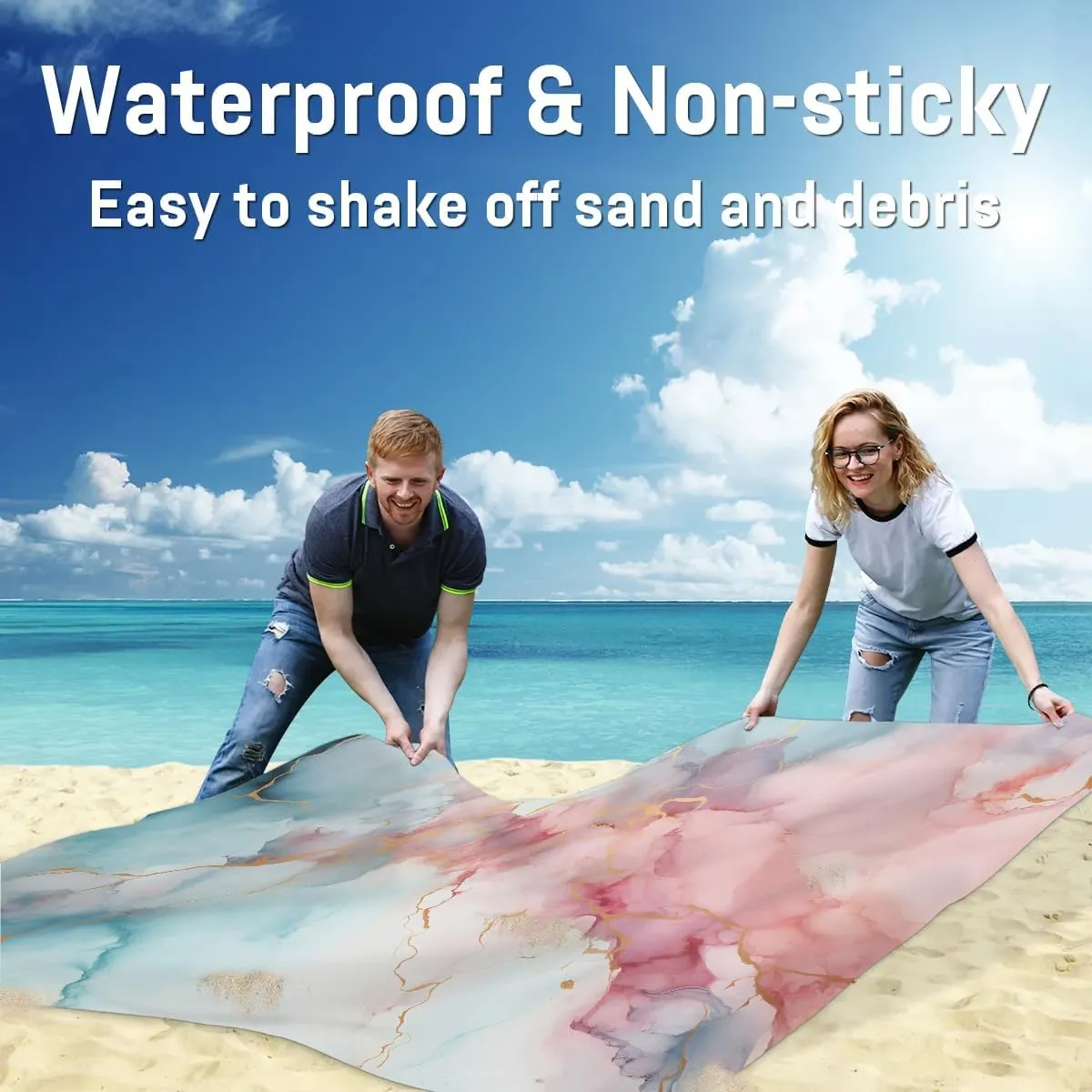 Beach Blanket, Abstract Marble Sandproof Beach Mat, Waterproof Quick Drying Sand Free Mat with 4 x Ground Spikes for Outdoor Travel Camping Hiking, Marble 68 x 59 in