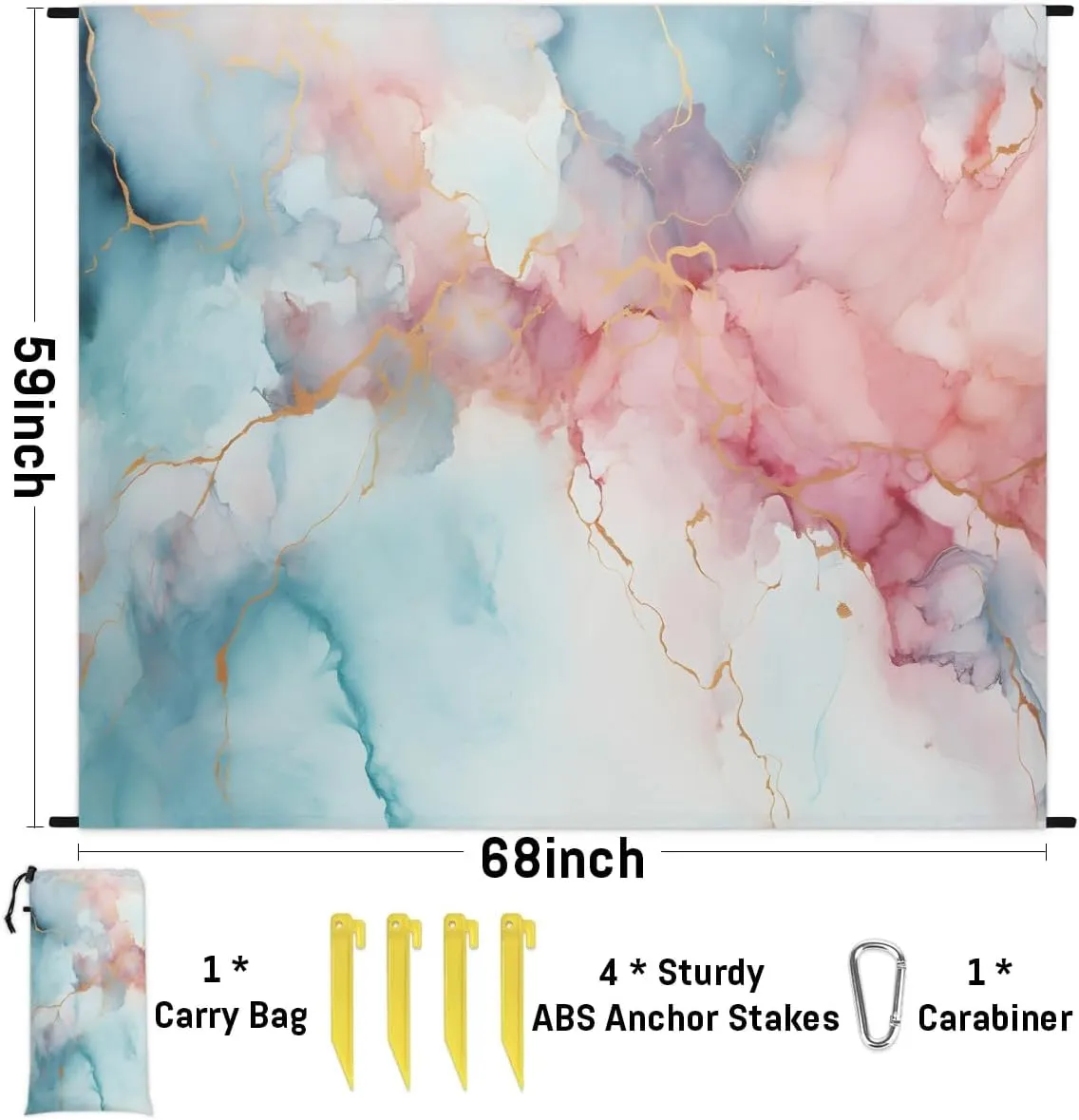 Beach Blanket, Abstract Marble Sandproof Beach Mat, Waterproof Quick Drying Sand Free Mat with 4 x Ground Spikes for Outdoor Travel Camping Hiking, Marble 68 x 59 in
