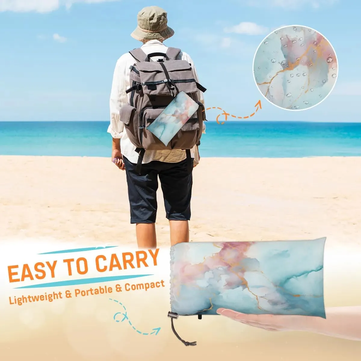 Beach Blanket, Abstract Marble Sandproof Beach Mat, Waterproof Quick Drying Sand Free Mat with 4 x Ground Spikes for Outdoor Travel Camping Hiking, Marble 68 x 59 in