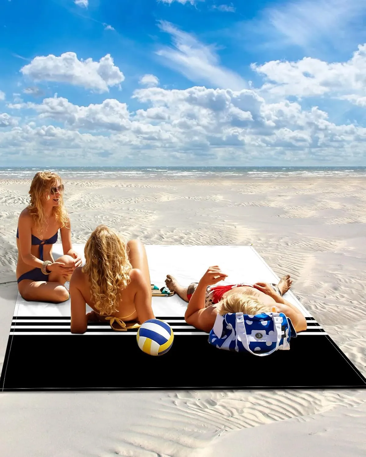 Beach Blanket Black White Stripes Sandproof Waterproof Beach Mat Geometry Minimalist Sand Free Mat Quick Drying Beach Essentials for Vacation Lightweight with 4 Stakes & Corner Pockets 108"x84"