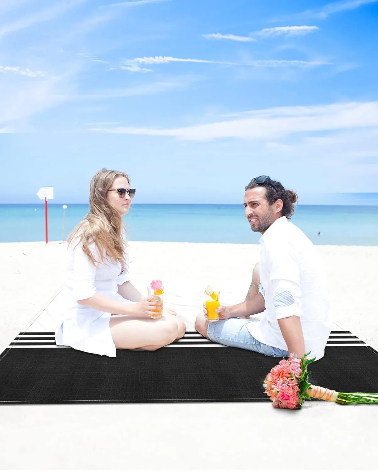 Beach Blanket Black White Stripes Sandproof Waterproof Beach Mat Geometry Minimalist Sand Free Mat Quick Drying Beach Essentials for Vacation Lightweight with 4 Stakes & Corner Pockets 108"x84"