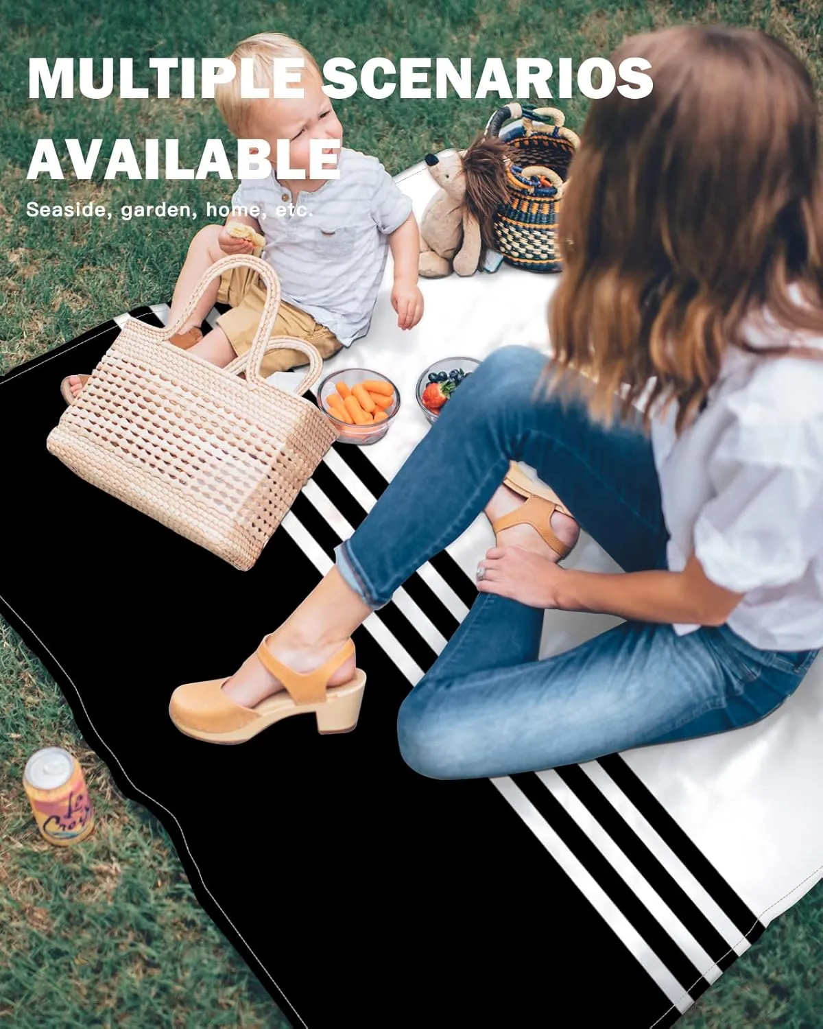 Beach Blanket Black White Stripes Sandproof Waterproof Beach Mat Geometry Minimalist Sand Free Mat Quick Drying Beach Essentials for Vacation Lightweight with 4 Stakes & Corner Pockets 108"x84"
