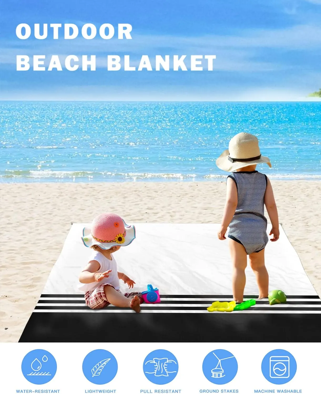 Beach Blanket Black White Stripes Sandproof Waterproof Beach Mat Geometry Minimalist Sand Free Mat Quick Drying Beach Essentials for Vacation Lightweight with 4 Stakes & Corner Pockets 108"x84"