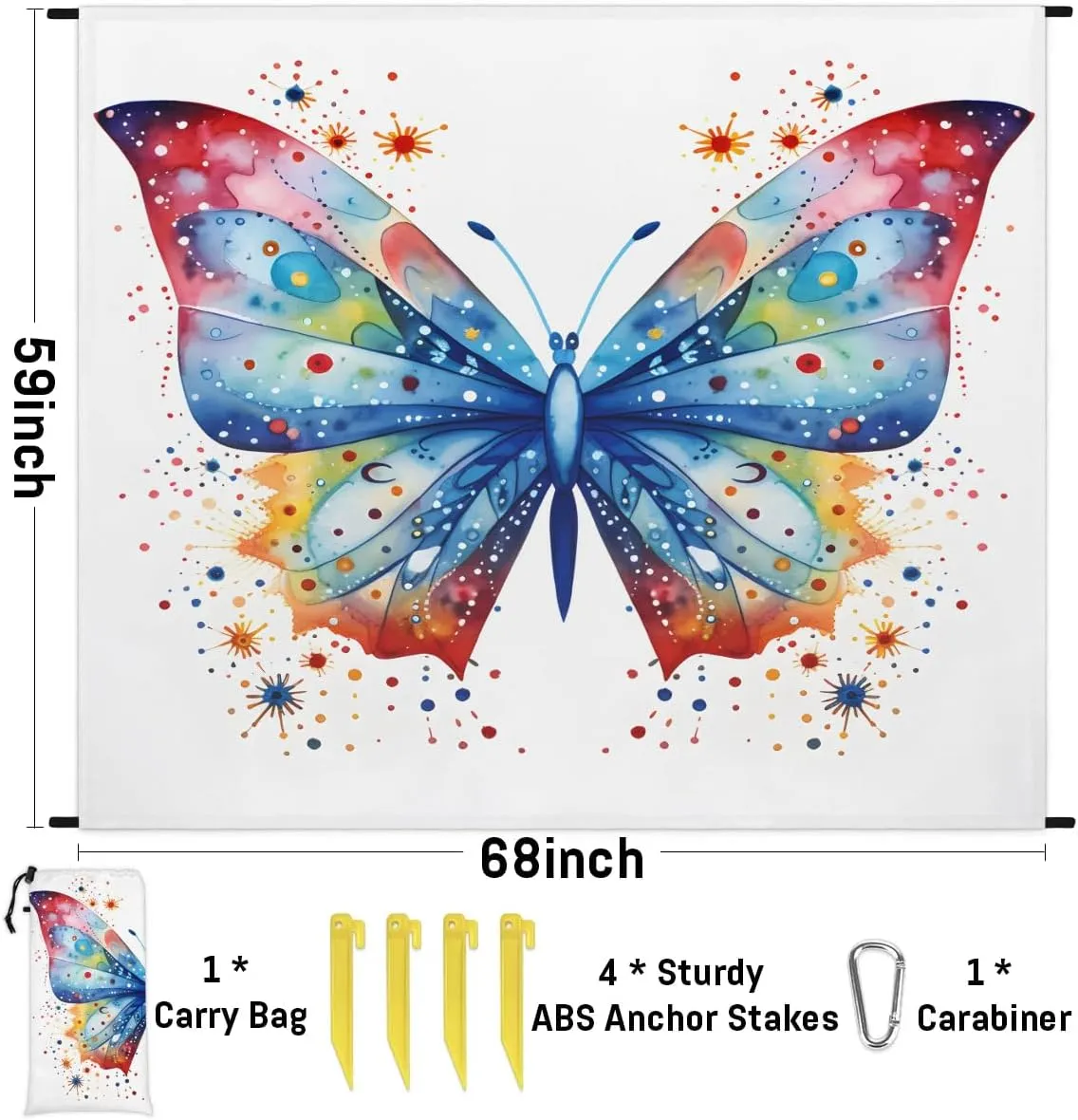 Beach Blanket, Butterfly Pattern Sandproof Beach Mat, Waterproof Quick Drying Sand Free Mat with 4 x Ground Spikes for Outdoor Travel Camping Hiking, Watercolor Butterfly 68 x 59 in