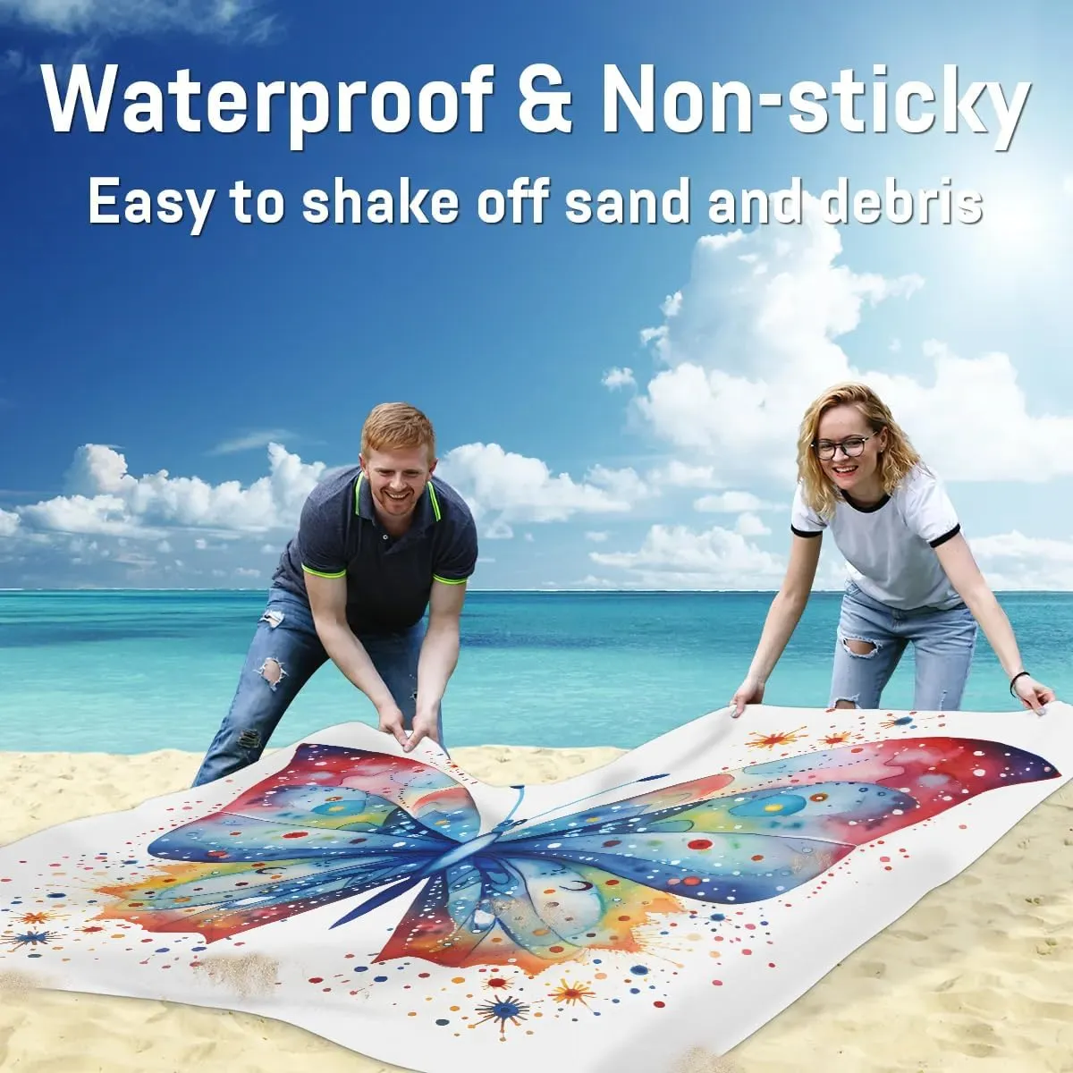 Beach Blanket, Butterfly Pattern Sandproof Beach Mat, Waterproof Quick Drying Sand Free Mat with 4 x Ground Spikes for Outdoor Travel Camping Hiking, Watercolor Butterfly 68 x 59 in