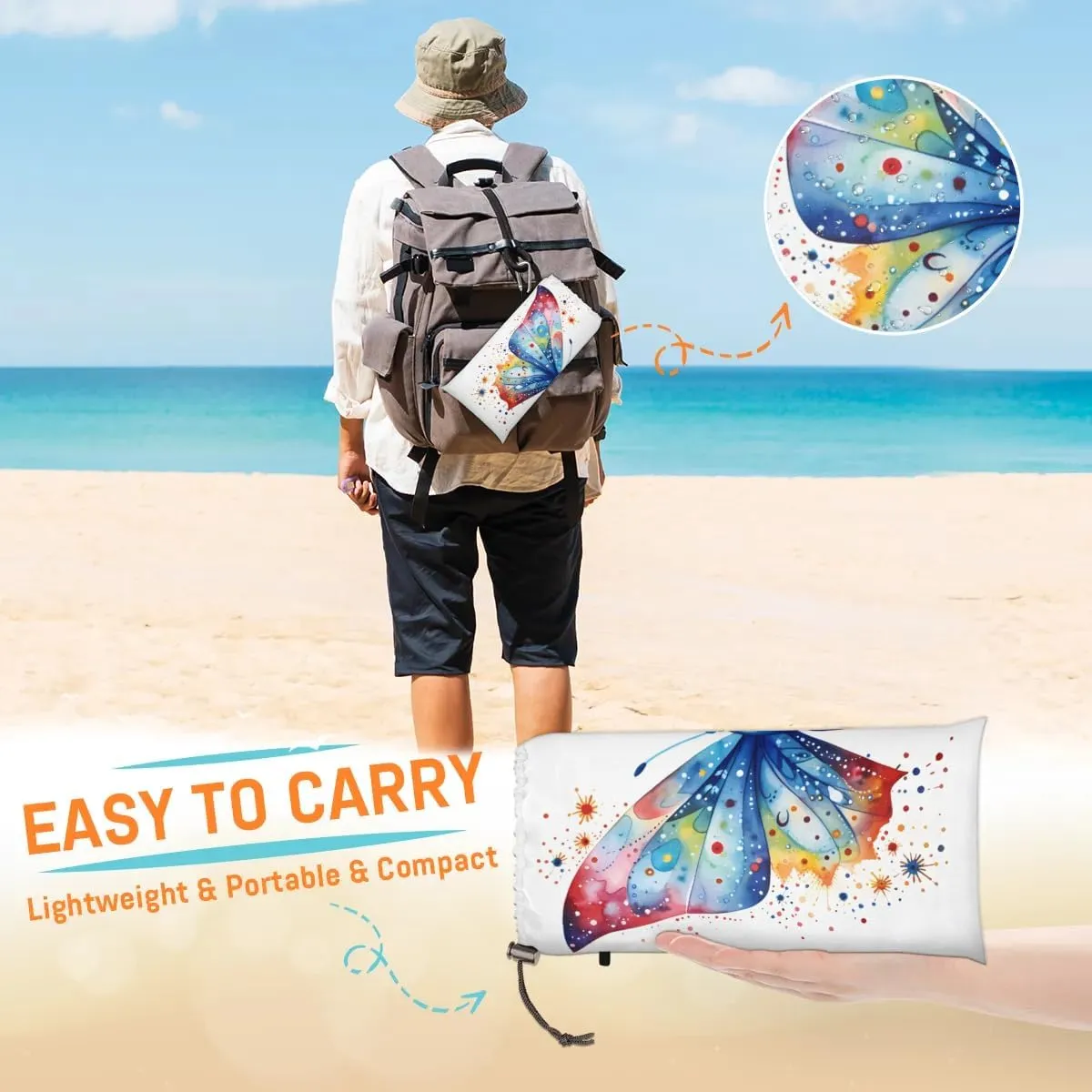 Beach Blanket, Butterfly Pattern Sandproof Beach Mat, Waterproof Quick Drying Sand Free Mat with 4 x Ground Spikes for Outdoor Travel Camping Hiking, Watercolor Butterfly 68 x 59 in