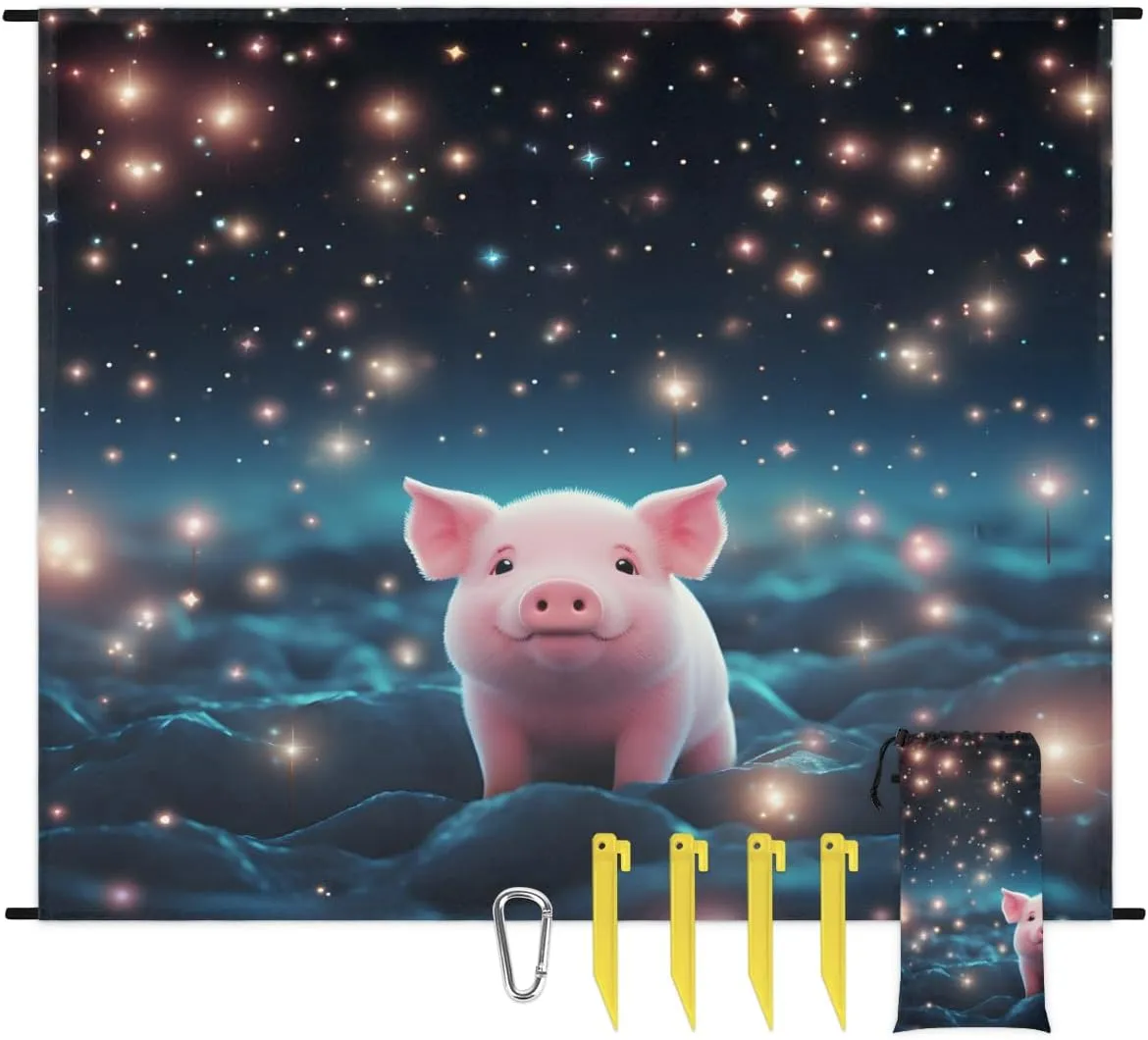 Beach Blanket, Cartoon Pig Sandproof Beach Mat, Waterproof Quick Drying Sand Free Mat with 4 x Ground Spikes for Outdoor Travel Camping Hiking, Cute Pig 68 x 59 in
