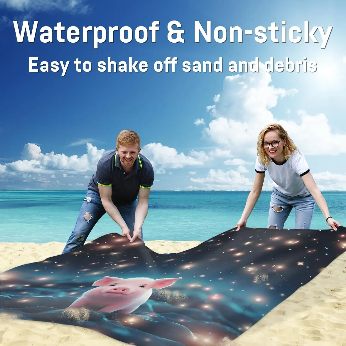 Beach Blanket, Cartoon Pig Sandproof Beach Mat, Waterproof Quick Drying Sand Free Mat with 4 x Ground Spikes for Outdoor Travel Camping Hiking, Cute Pig 68 x 59 in
