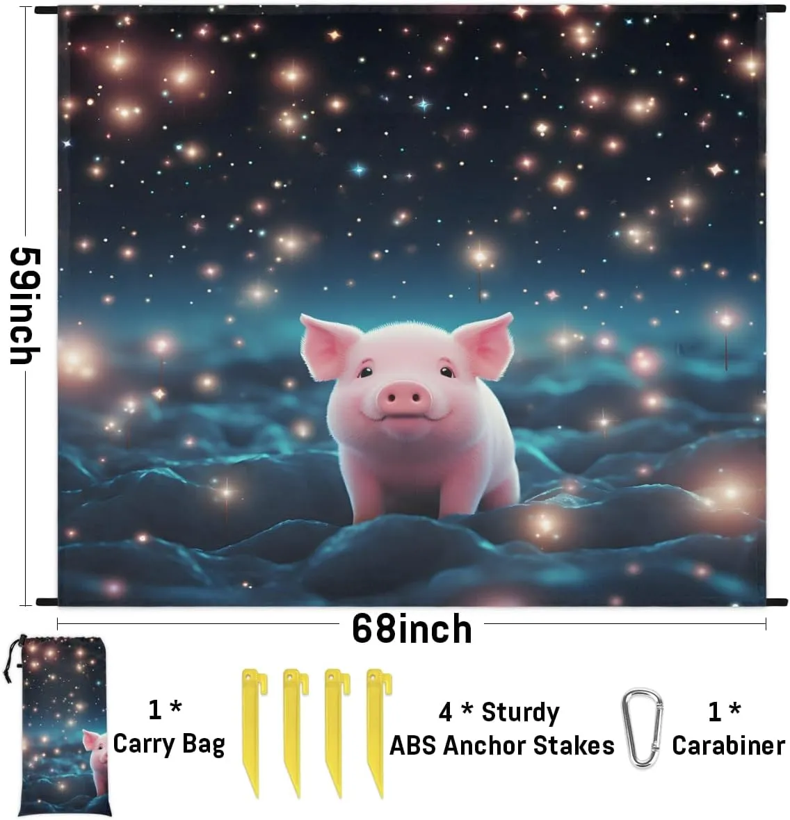 Beach Blanket, Cartoon Pig Sandproof Beach Mat, Waterproof Quick Drying Sand Free Mat with 4 x Ground Spikes for Outdoor Travel Camping Hiking, Cute Pig 68 x 59 in