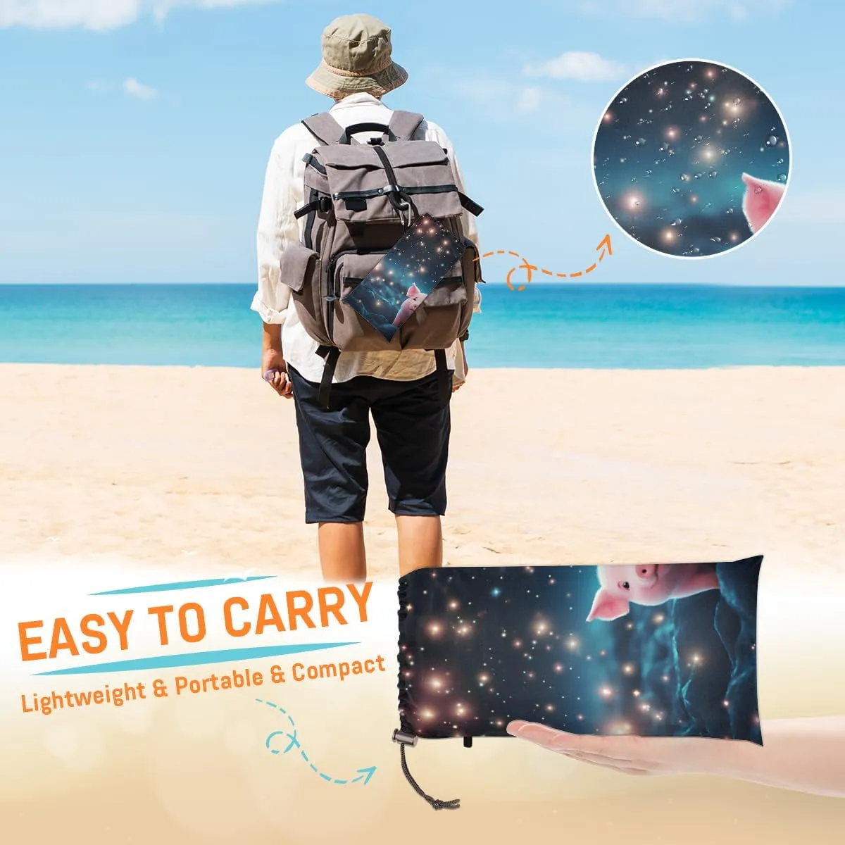Beach Blanket, Cartoon Pig Sandproof Beach Mat, Waterproof Quick Drying Sand Free Mat with 4 x Ground Spikes for Outdoor Travel Camping Hiking, Cute Pig 68 x 59 in