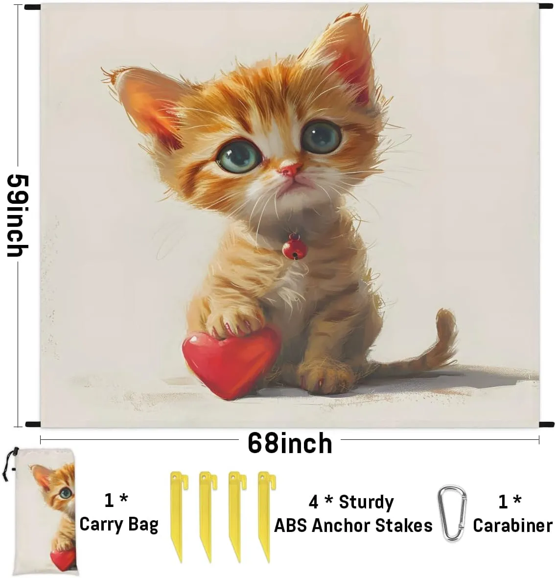Beach Blanket, Cat Sandproof Beach Mat, Waterproof Quick Drying Sand Free Mat with 4 x Ground Spikes for Outdoor Travel Camping Hiking, Cute Cartoon Kitty 68 x 59 in
