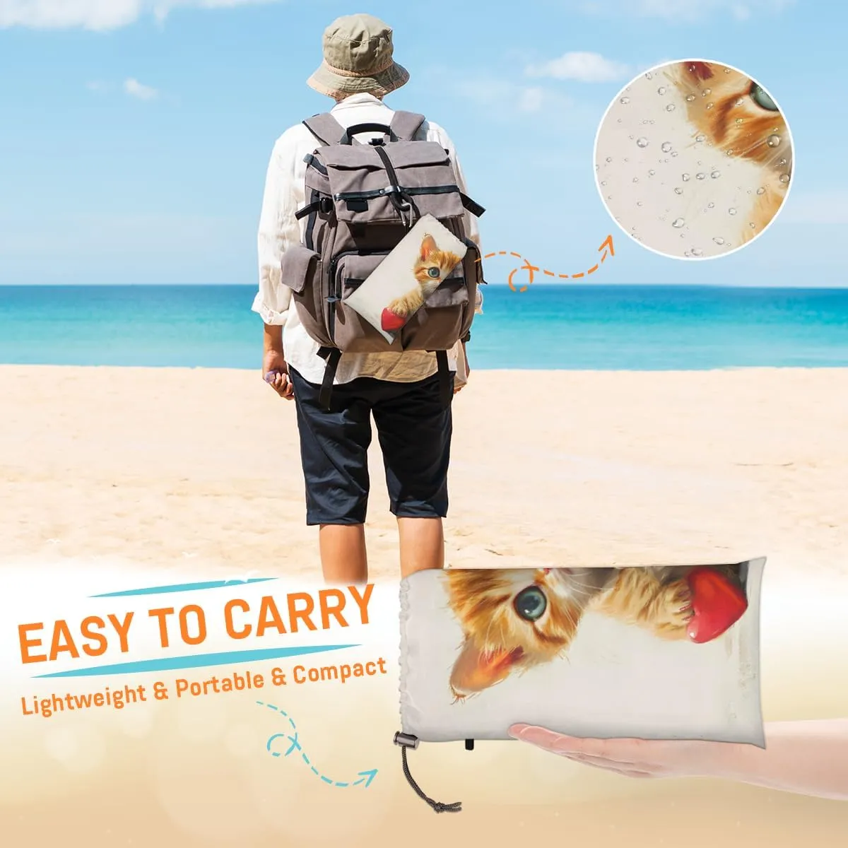 Beach Blanket, Cat Sandproof Beach Mat, Waterproof Quick Drying Sand Free Mat with 4 x Ground Spikes for Outdoor Travel Camping Hiking, Cute Cartoon Kitty 68 x 59 in