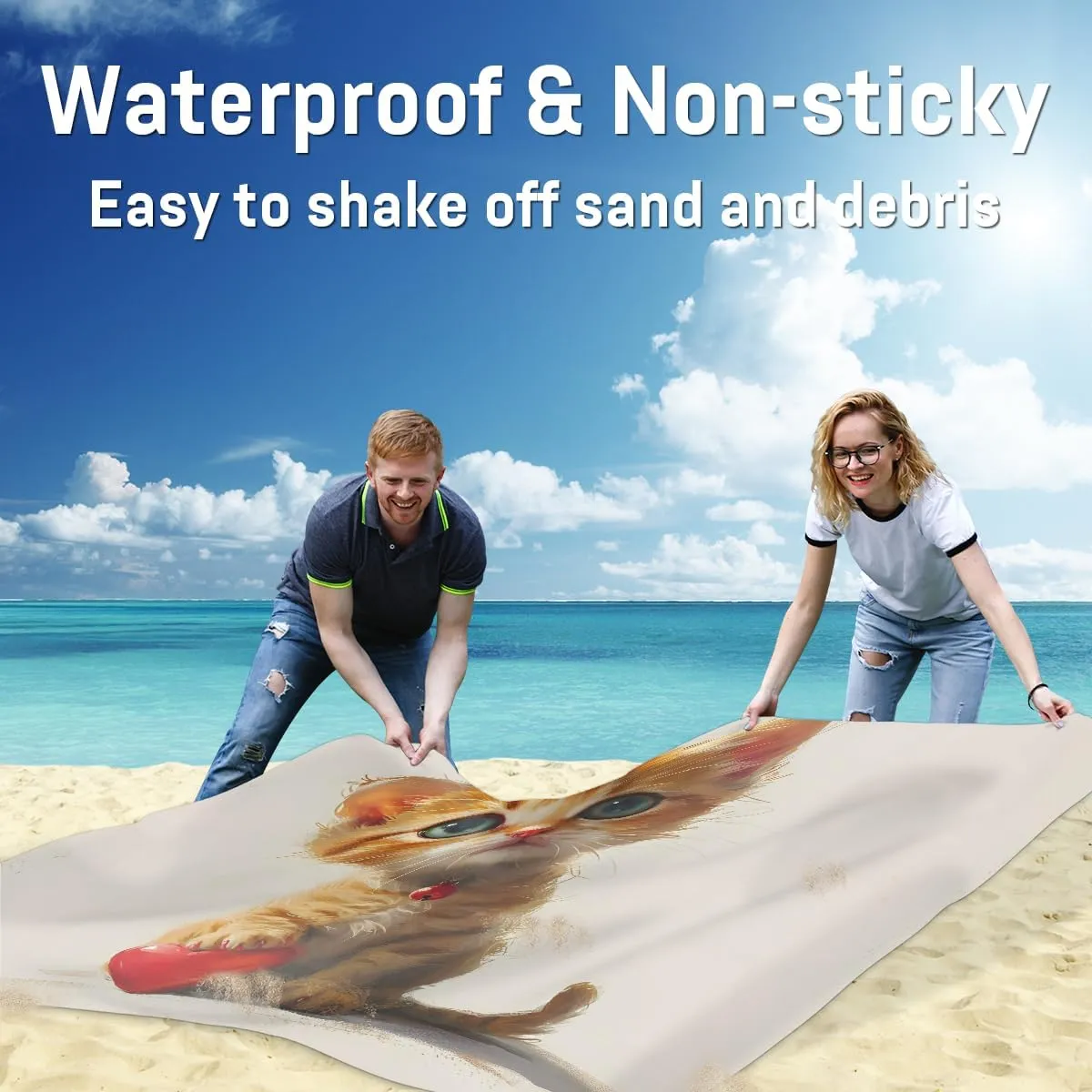 Beach Blanket, Cat Sandproof Beach Mat, Waterproof Quick Drying Sand Free Mat with 4 x Ground Spikes for Outdoor Travel Camping Hiking, Cute Cartoon Kitty 68 x 59 in