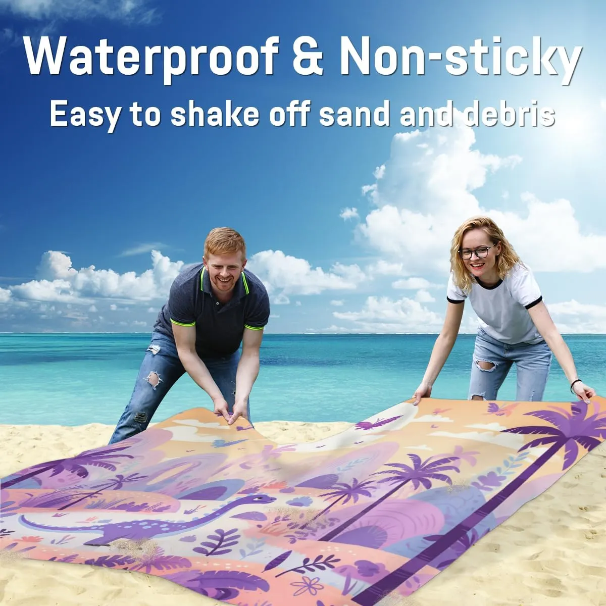 Beach Blanket, Dinosaur Sandproof Beach Mat, Waterproof Quick Drying Sand Free Mat with 4 x Ground Spikes for Outdoor Travel Camping Hiking, Cute Dinosaur 68 x 59 in