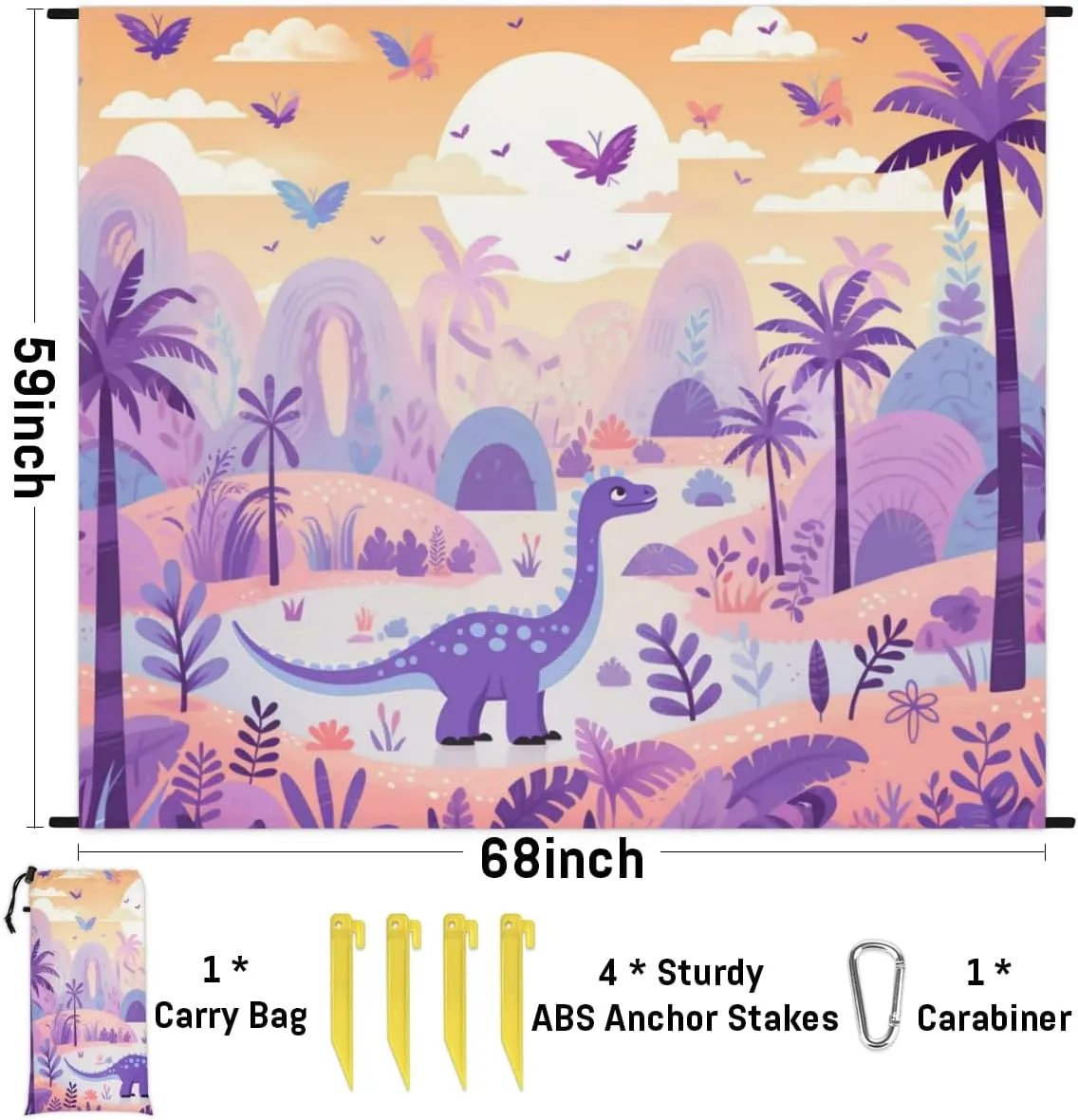 Beach Blanket, Dinosaur Sandproof Beach Mat, Waterproof Quick Drying Sand Free Mat with 4 x Ground Spikes for Outdoor Travel Camping Hiking, Cute Dinosaur 68 x 59 in