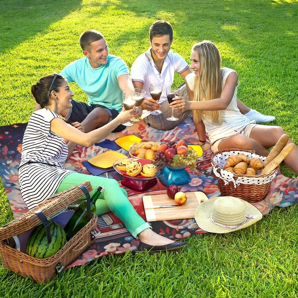Beach Blanket, Independence Day Sandproof Beach Mat, Waterproof Quick Drying Sand Free Mat with 4 x Ground Spikes for Outdoor Travel Camping Hiking, Farm Truck 68 x 59 in
