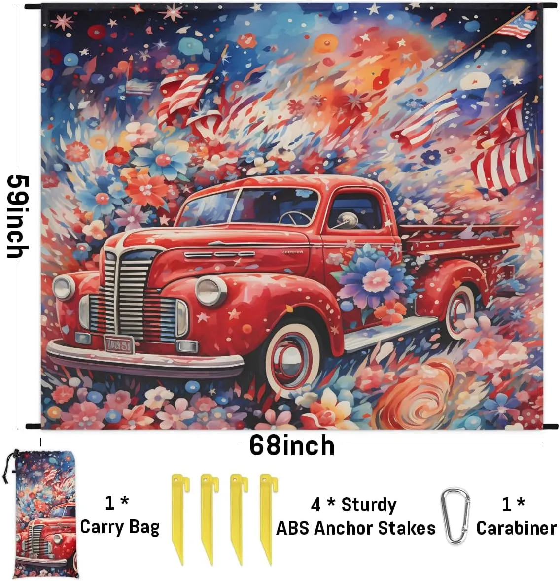 Beach Blanket, Independence Day Sandproof Beach Mat, Waterproof Quick Drying Sand Free Mat with 4 x Ground Spikes for Outdoor Travel Camping Hiking, Farm Truck 68 x 59 in