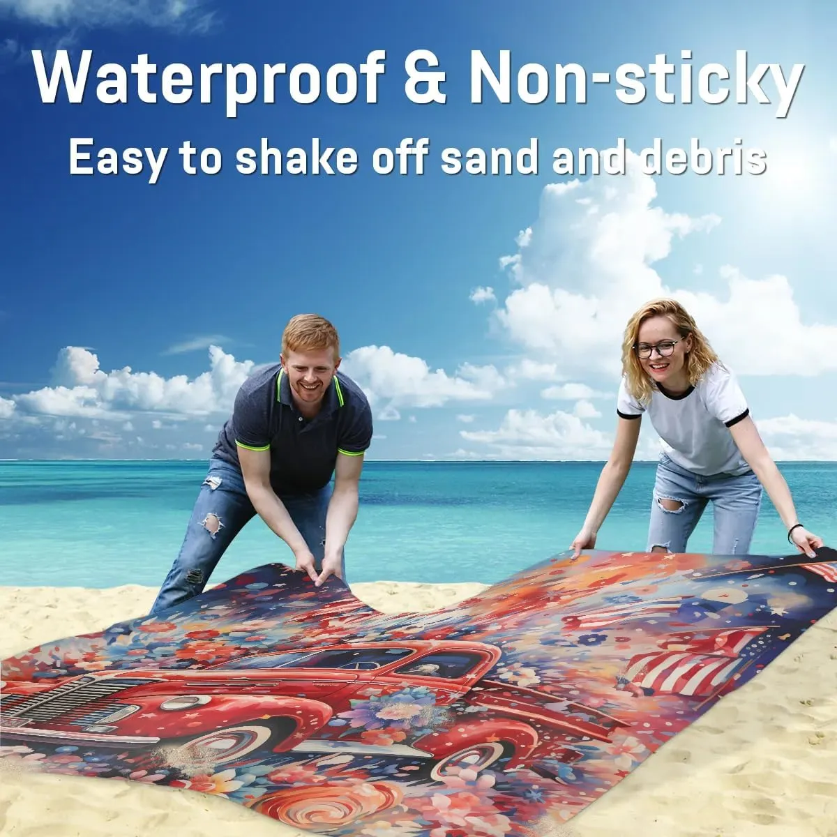 Beach Blanket, Independence Day Sandproof Beach Mat, Waterproof Quick Drying Sand Free Mat with 4 x Ground Spikes for Outdoor Travel Camping Hiking, Farm Truck 68 x 59 in