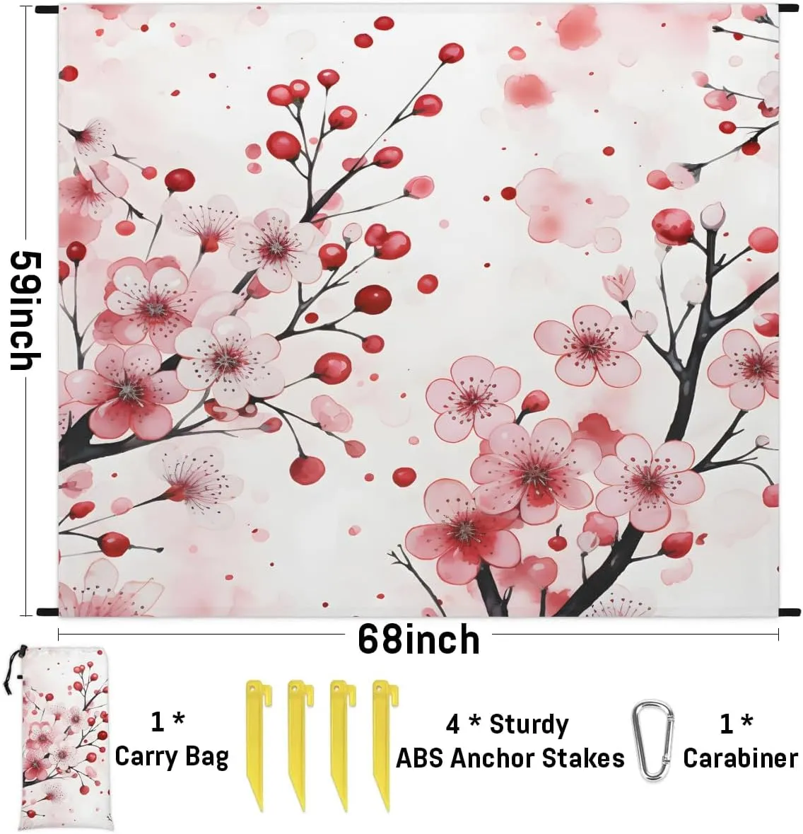 Beach Blanket, Japanese Cherry Sandproof Beach Mat, Waterproof Quick Drying Sand Free Mat with 4 x Ground Spikes for Outdoor Travel Camping Hiking, Flower 68 x 59 in