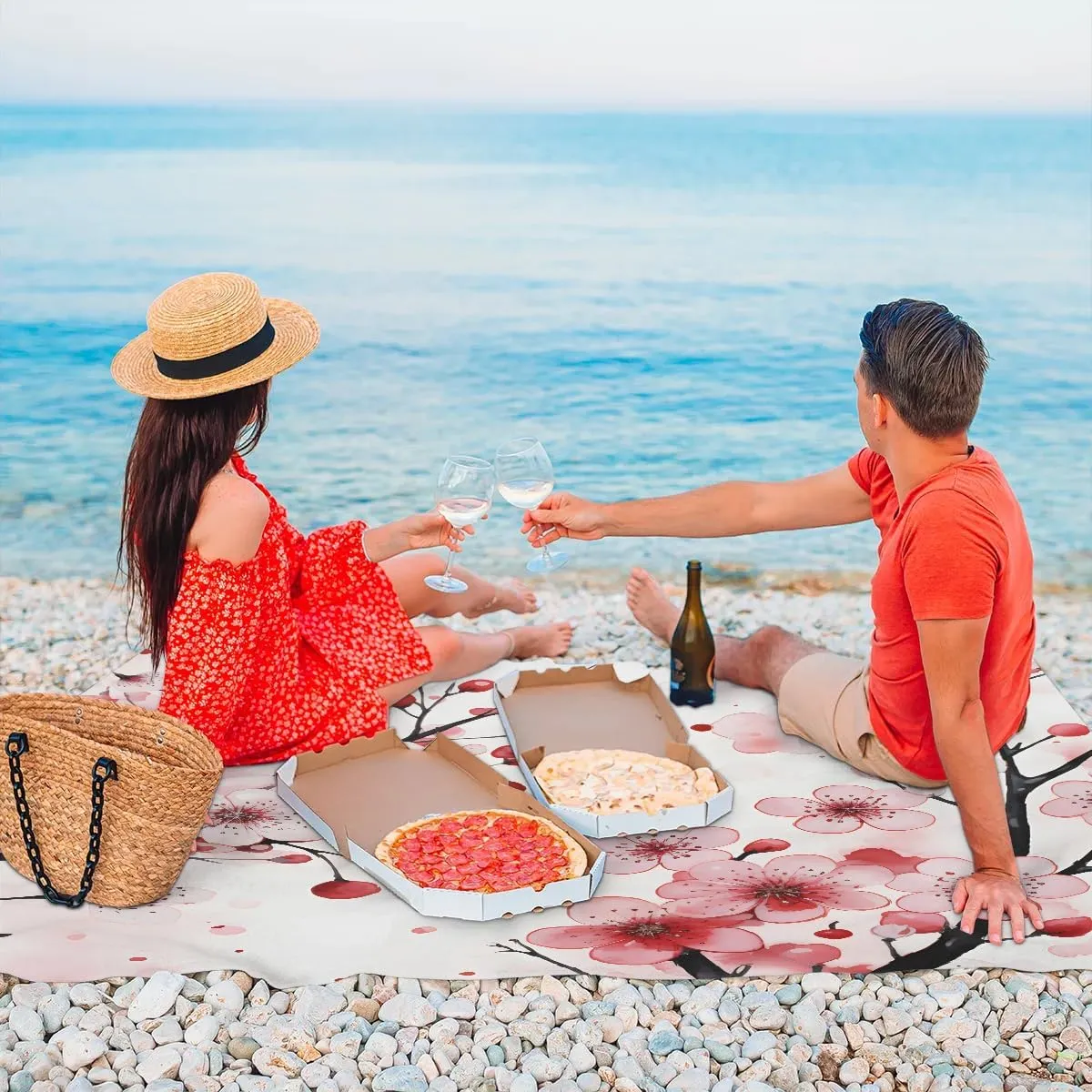 Beach Blanket, Japanese Cherry Sandproof Beach Mat, Waterproof Quick Drying Sand Free Mat with 4 x Ground Spikes for Outdoor Travel Camping Hiking, Flower 68 x 59 in