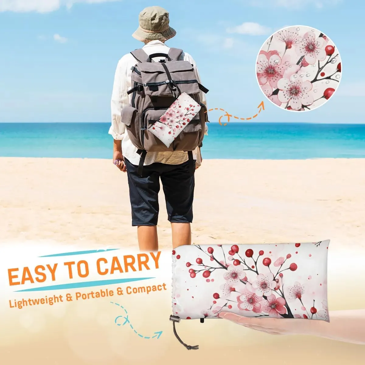 Beach Blanket, Japanese Cherry Sandproof Beach Mat, Waterproof Quick Drying Sand Free Mat with 4 x Ground Spikes for Outdoor Travel Camping Hiking, Flower 68 x 59 in