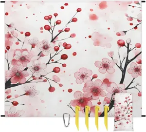 Beach Blanket, Japanese Cherry Sandproof Beach Mat, Waterproof Quick Drying Sand Free Mat with 4 x Ground Spikes for Outdoor Travel Camping Hiking, Flower 68 x 59 in