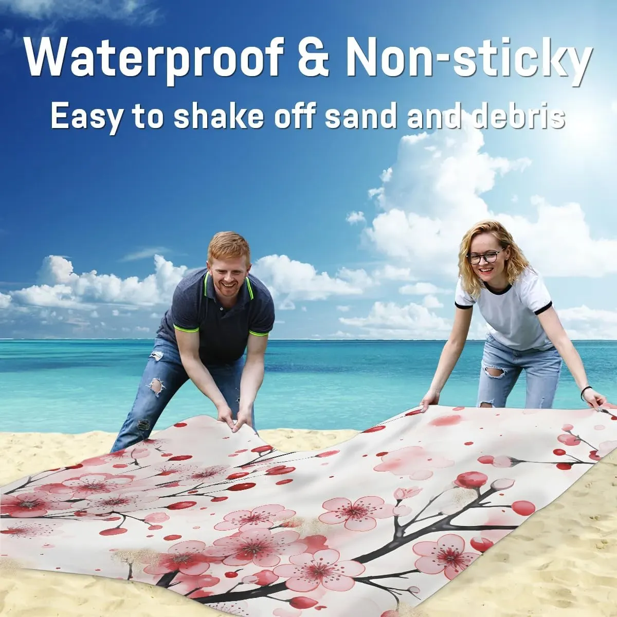 Beach Blanket, Japanese Cherry Sandproof Beach Mat, Waterproof Quick Drying Sand Free Mat with 4 x Ground Spikes for Outdoor Travel Camping Hiking, Flower 68 x 59 in