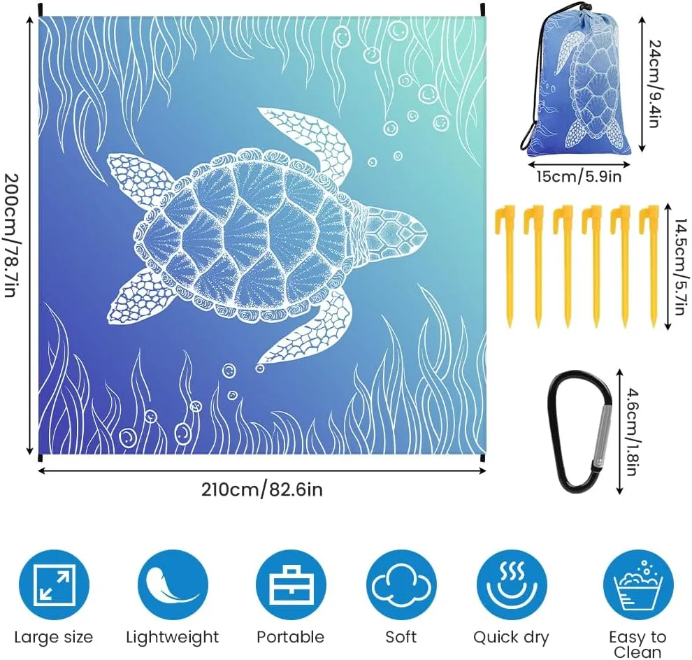 Beach Blanket, Large Picnic Mat 210 x 200 cm (4-6 People) Foldable, Sandproof Waterproof, Camping Outdoor Blanket with 6 Fixed Nails for Beach, Hiking, Picnic