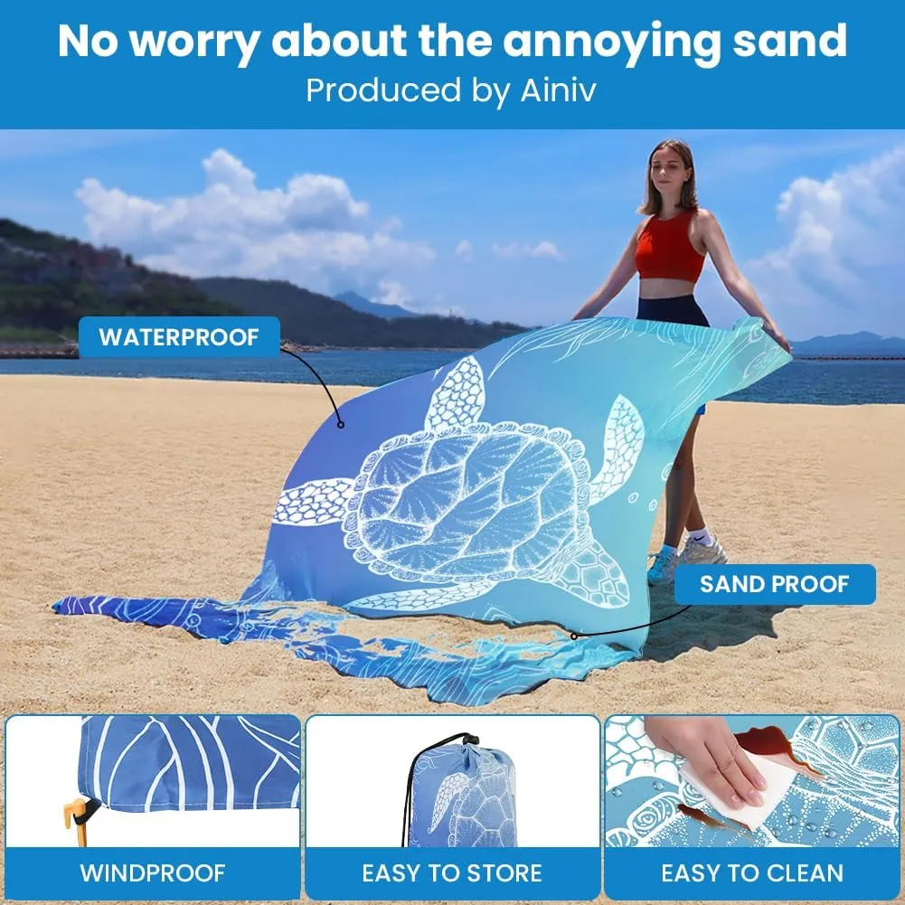 Beach Blanket, Large Picnic Mat 210 x 200 cm (4-6 People) Foldable, Sandproof Waterproof, Camping Outdoor Blanket with 6 Fixed Nails for Beach, Hiking, Picnic