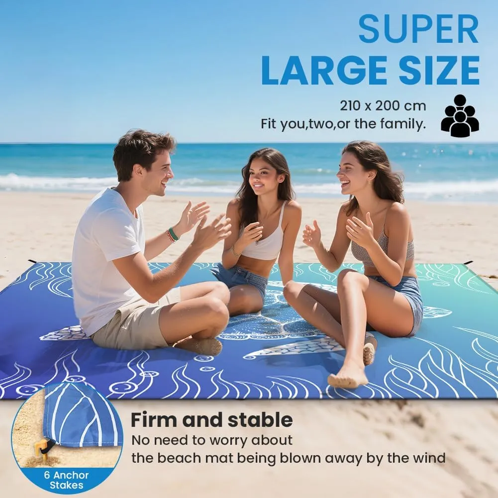 Beach Blanket, Large Picnic Mat 210 x 200 cm (4-6 People) Foldable, Sandproof Waterproof, Camping Outdoor Blanket with 6 Fixed Nails for Beach, Hiking, Picnic