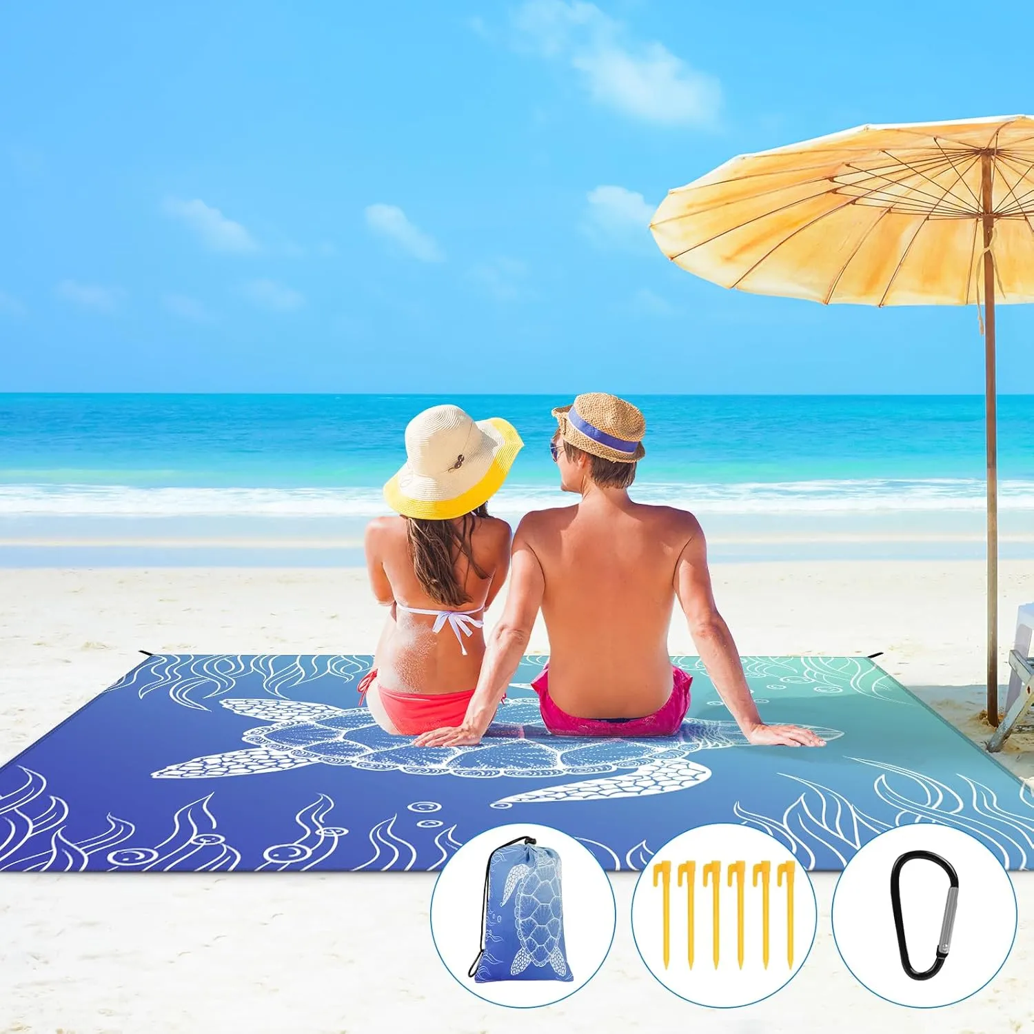 Beach Blanket, Large Picnic Mat 210 x 200 cm (4-6 People) Foldable, Sandproof Waterproof, Camping Outdoor Blanket with 6 Fixed Nails for Beach, Hiking, Picnic