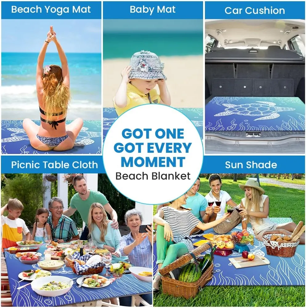 Beach Blanket, Large Picnic Mat 210 x 200 cm (4-6 People) Foldable, Sandproof Waterproof, Camping Outdoor Blanket with 6 Fixed Nails for Beach, Hiking, Picnic