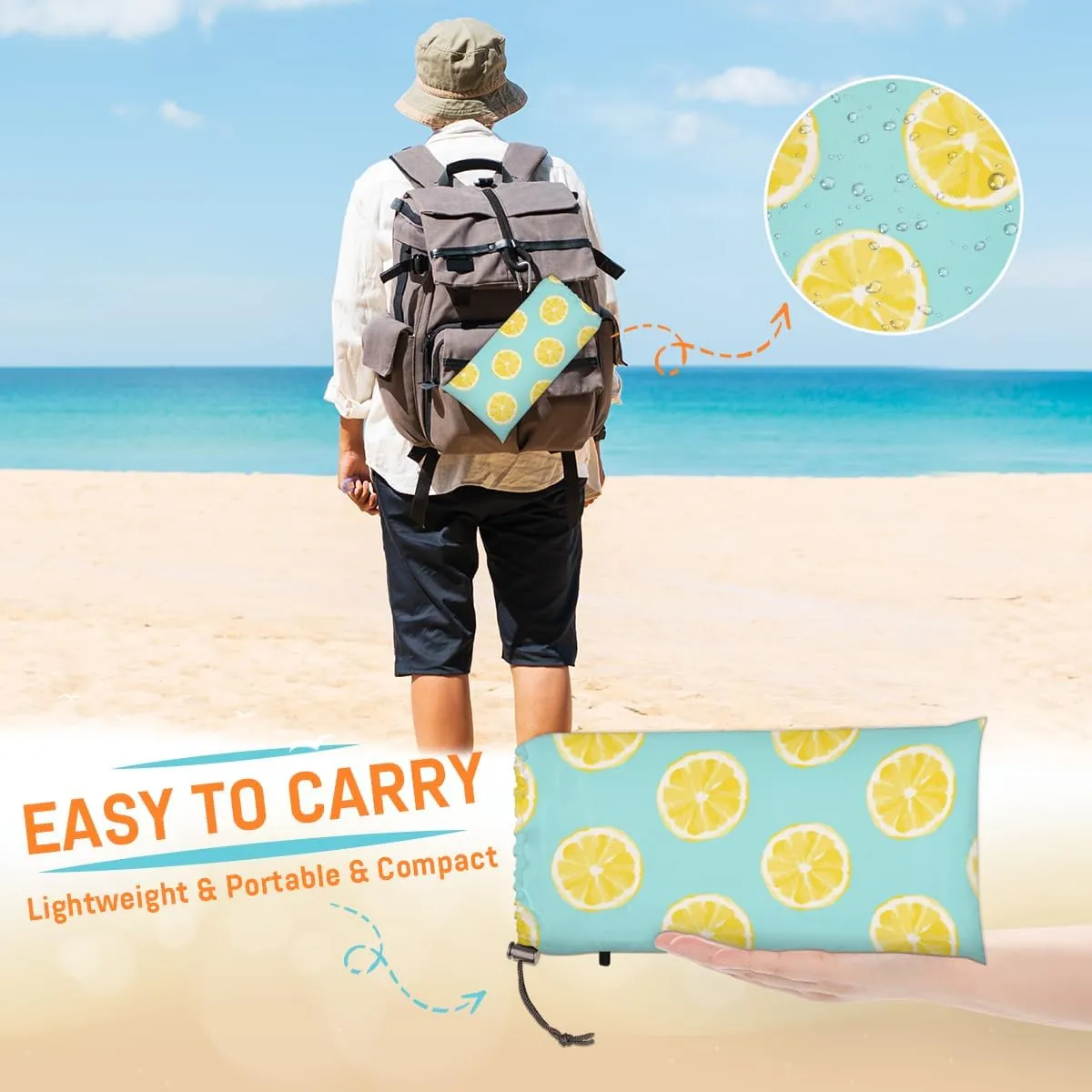 Beach Blanket, Lemon Print Sandproof Beach Mat, Waterproof Quick Drying Sand Free Mat with 4 x Ground Spikes for Outdoor Travel Camping Hiking, Summer Lemon 68 x 59 in